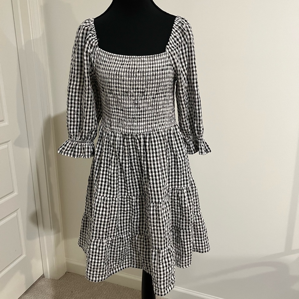 Chic Black and White Shirred Gingham Mini Dress